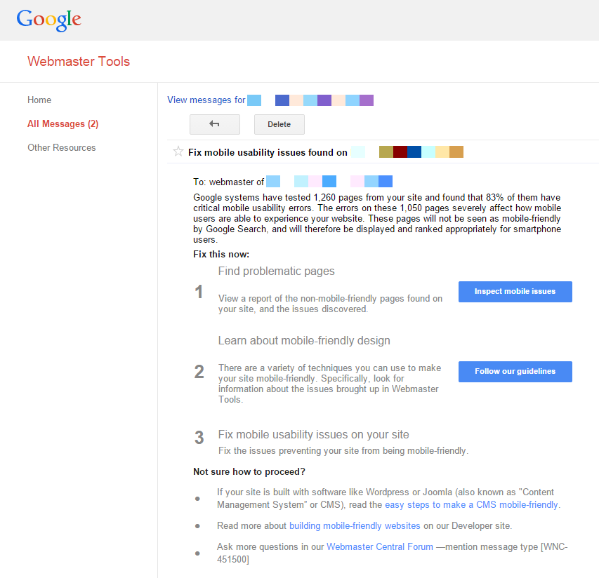 Google Webmaster Tools mobile-friendly notification