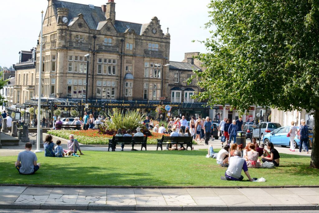 Harrogate High Street, with the famous Betty's Tea rooms in the background.